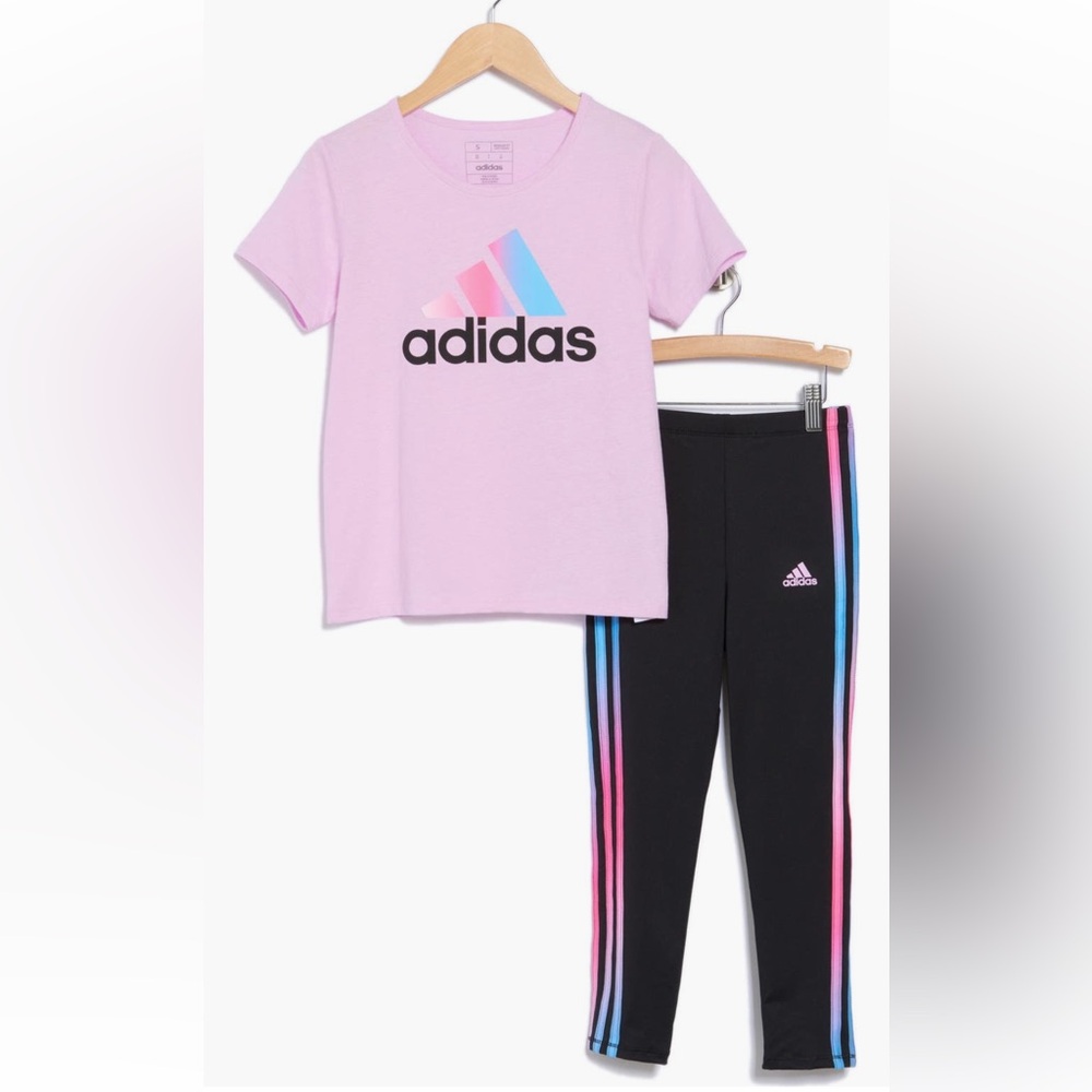 New adidas girls logo graphic tee shirt and three stripe leggings set